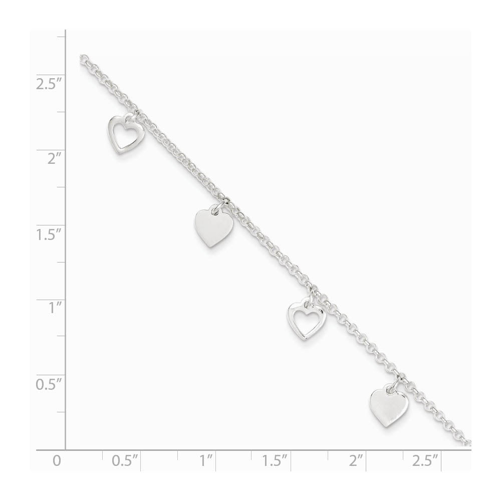Alternate view of the Sterling Silver Dangling Heart Charms Adjustable Anklet, 9 Inch by The Black Bow Jewelry Co.