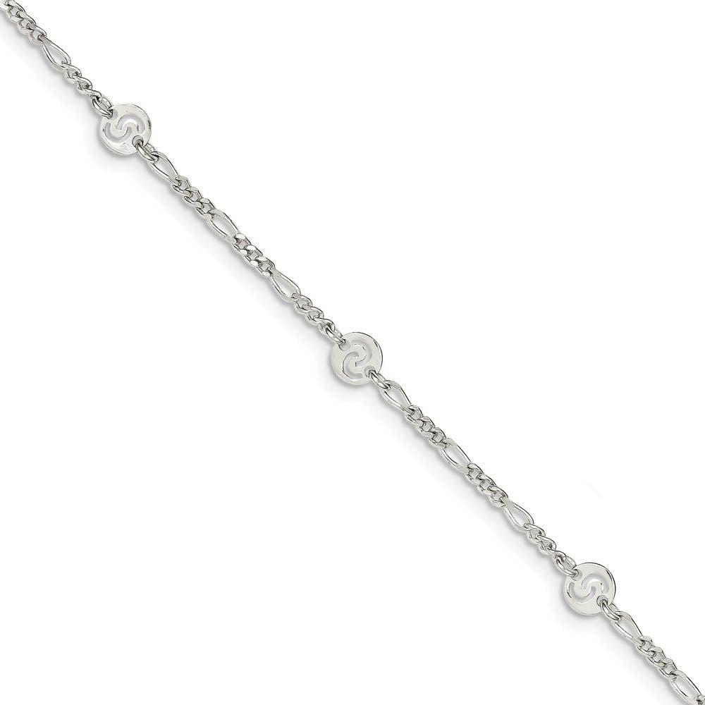 Sterling Silver Swirl Disc and Figaro Chain Adjustable Anklet, 9 Inch, Item A8540 by The Black Bow Jewelry Co.