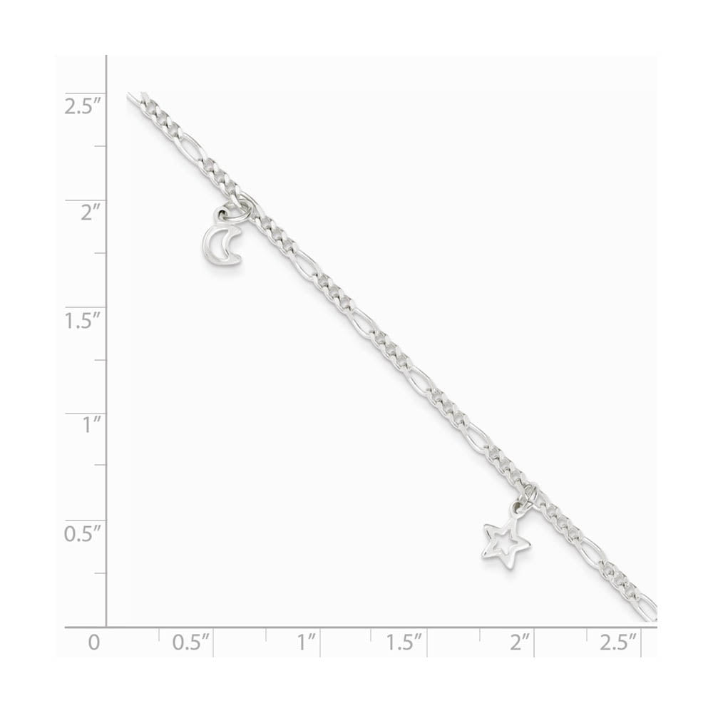 Alternate view of the Sterling Silver Dangling Moon and Stars Adjustable Anklet, 9 Inch by The Black Bow Jewelry Co.