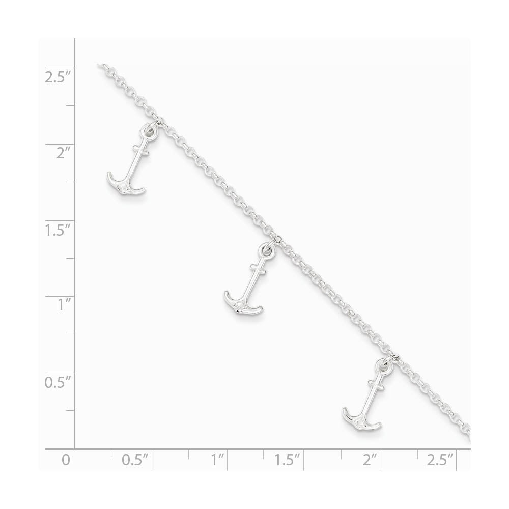 Alternate view of the Sterling Silver Dangling Anchors Adjustable Rolo Chain Anklet, 9 Inch by The Black Bow Jewelry Co.
