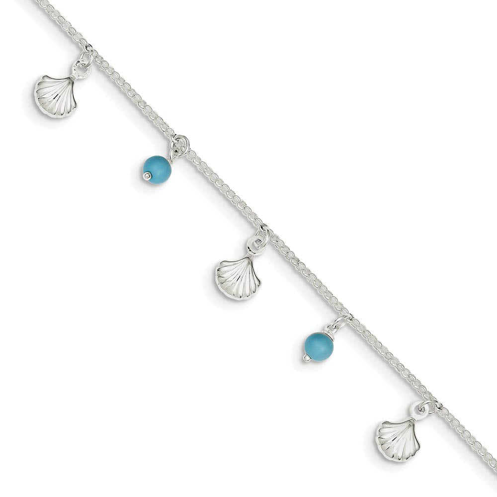 Fan Shell and Turquoise Bead Adj. Anklet in Sterling Silver, 9 In, Item A8551 by The Black Bow Jewelry Co.