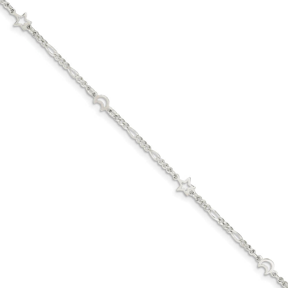 Sterling Silver Moon and Stars Figaro Adjustable Anklet, 9 Inch, Item A8563 by The Black Bow Jewelry Co.