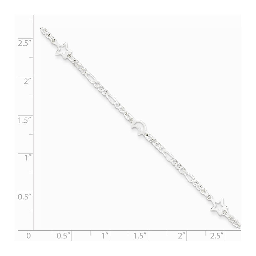 Alternate view of the Sterling Silver Moon and Stars Figaro Adjustable Anklet, 9 Inch by The Black Bow Jewelry Co.