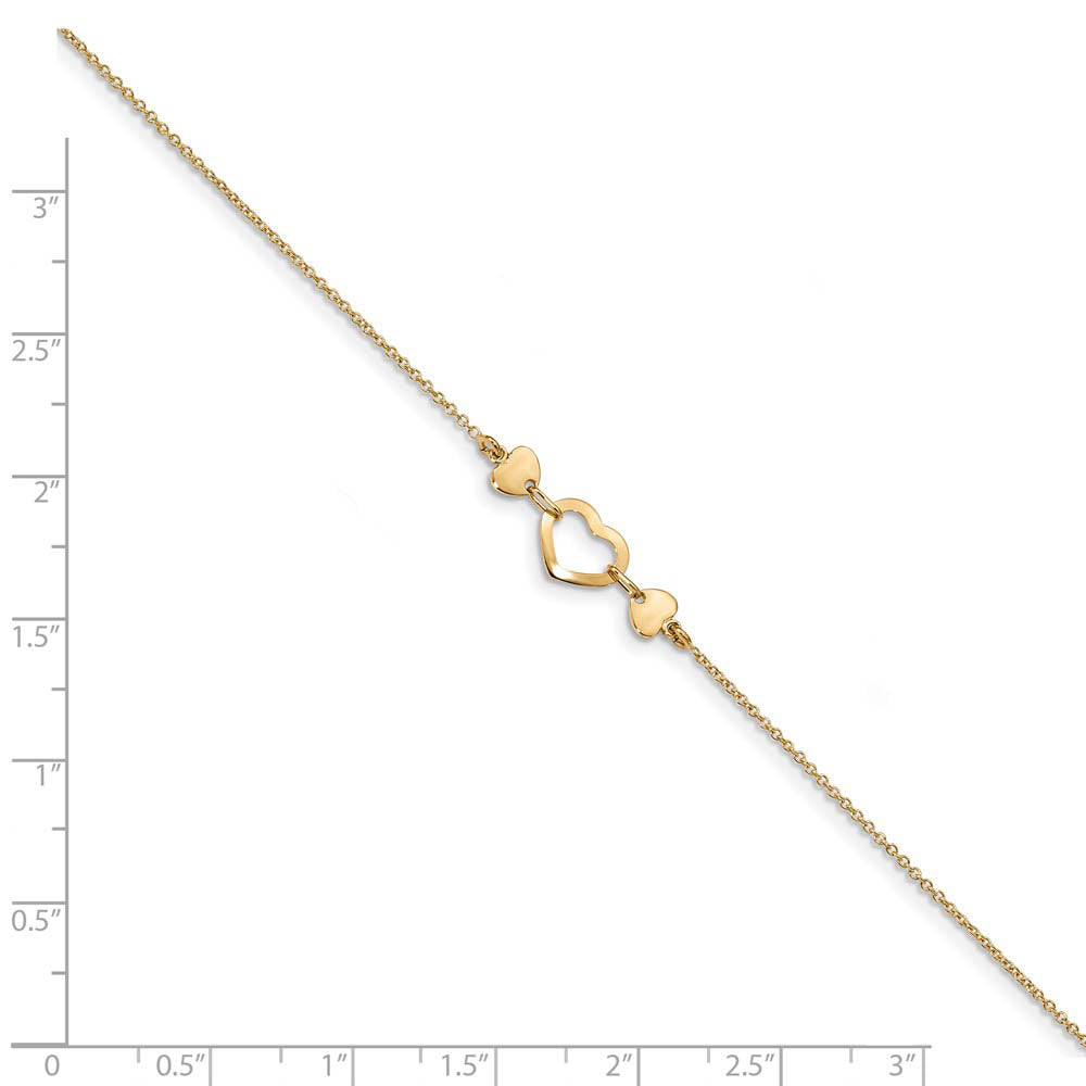 Alternate view of the 14k Yellow Gold Polished Heart And Cable Chain Anklet, 10-10.75 Inch by The Black Bow Jewelry Co.