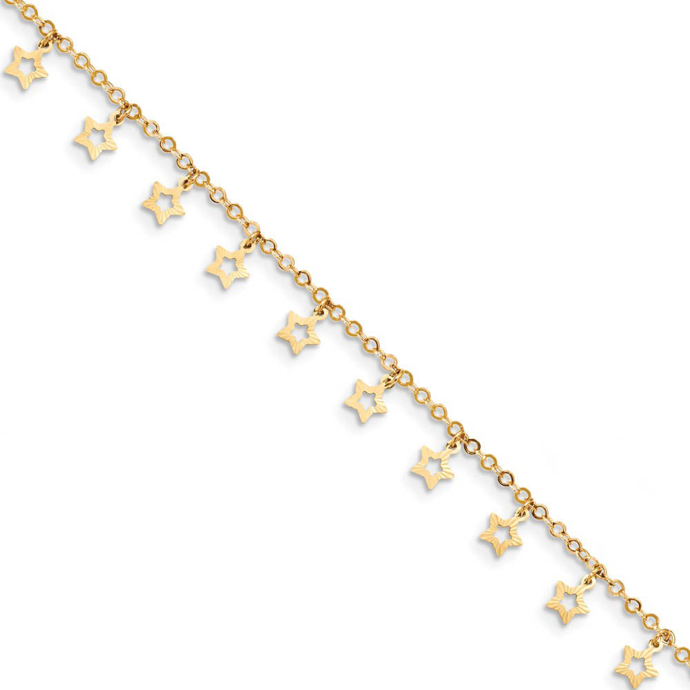 14k Yellow Gold Dangling Stars 1.5mm Cable Chain Anklet, 9-10 Inch, Item A8812 by The Black Bow Jewelry Co.