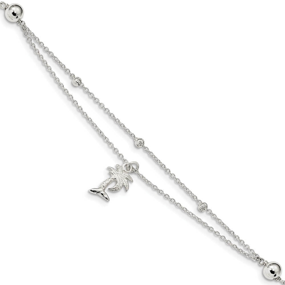 Sterling Silver Palm Tree And 2-Strand 1mm Cable Chain Anklet 9-10 In, Item A8838 by The Black Bow Jewelry Co.