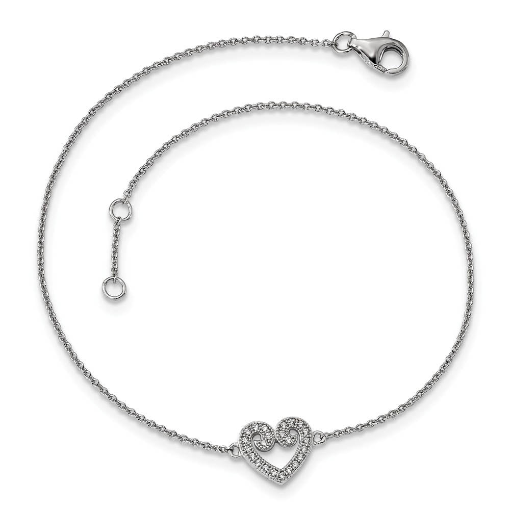 Alternate view of the Rhodium Plated Sterling Silver 10mm CZ Heart And Cable Anklet, 9-10 In by The Black Bow Jewelry Co.