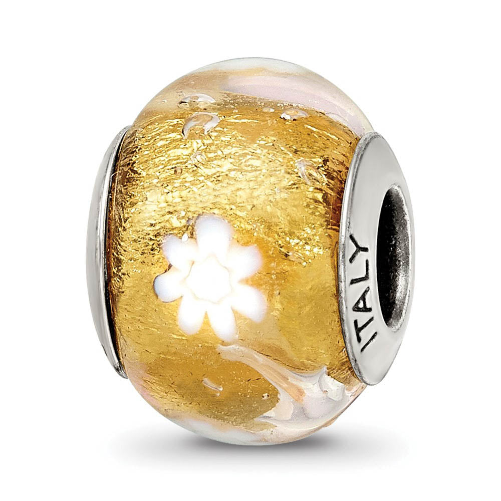 Golden/White Flower Murano Glass & Sterling Silver Bead Charm, 14mm, Item B10058 by The Black Bow Jewelry Co.