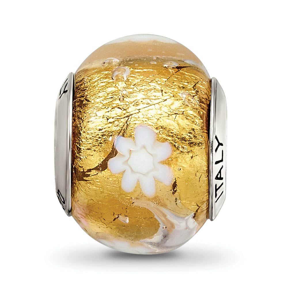Alternate view of the Golden/White Flower Murano Glass & Sterling Silver Bead Charm, 14mm by The Black Bow Jewelry Co.
