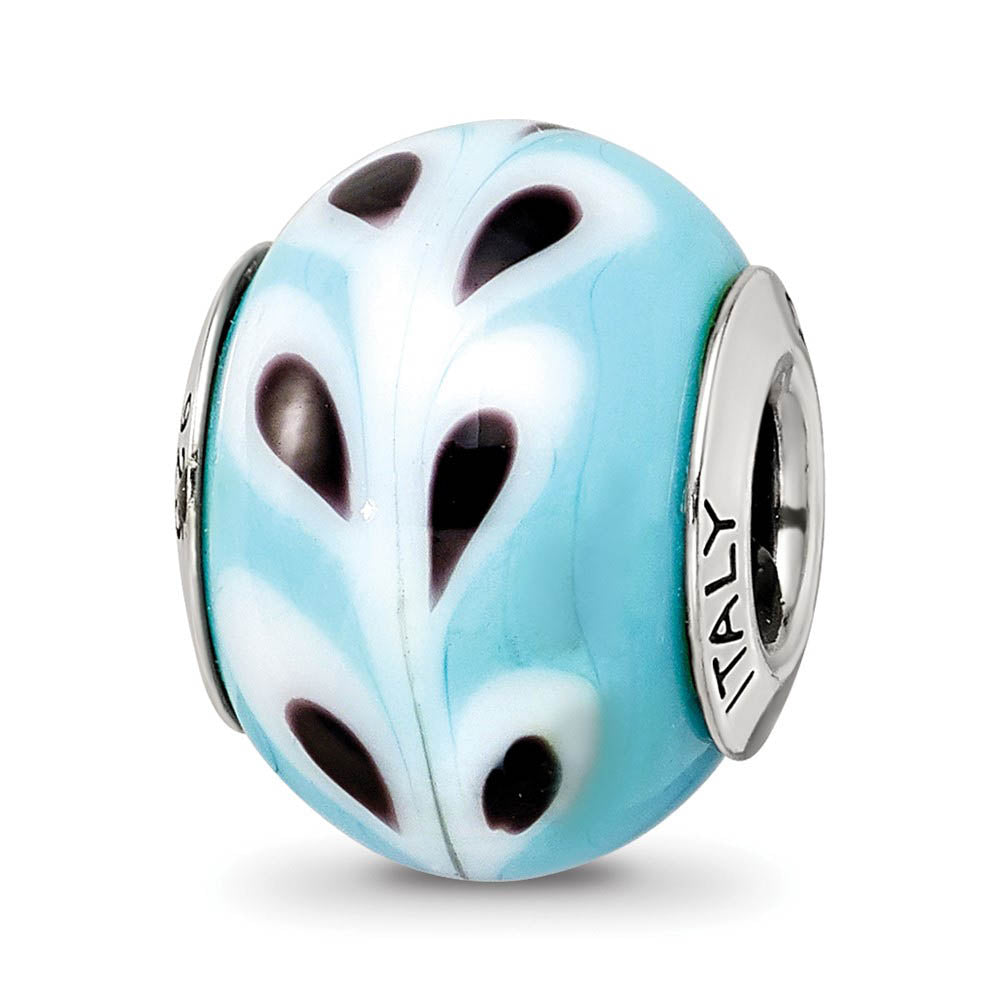 Lt. Blue/White/Black Murano Glass & Sterling Silver Bead Charm, 14mm, Item B10075 by The Black Bow Jewelry Co.
