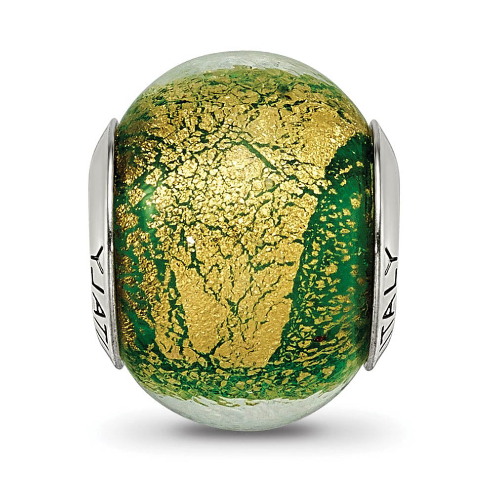 Alternate view of the Green/Golden Italian Murano Glass & Sterling Silver Bead Charm, 14mm by The Black Bow Jewelry Co.