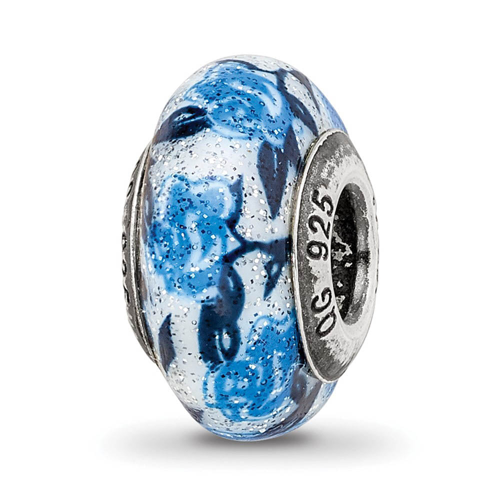 Blue Rose Glitter Overlay Murano & Sterling Silver Bead Charm, 13mm, Item B10169 by The Black Bow Jewelry Co.