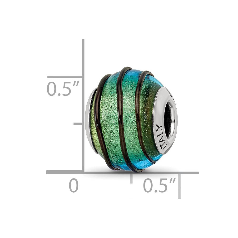 Alternate view of the Teal with Black Stripes Murano & Sterling Silver Bead Charm, 15mm by The Black Bow Jewelry Co.