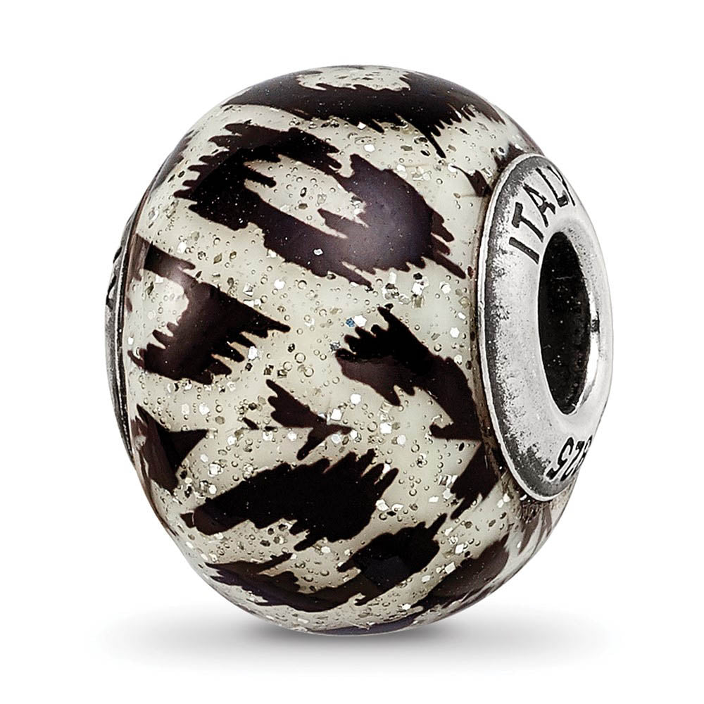 White & Black Glitter Overlay Glass & Sterling Silver Bead Charm, 15mm, Item B10219 by The Black Bow Jewelry Co.