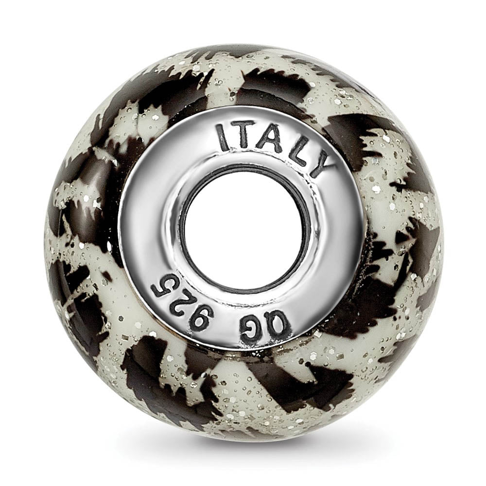 Alternate view of the White & Black Glitter Overlay Glass & Sterling Silver Bead Charm, 15mm by The Black Bow Jewelry Co.
