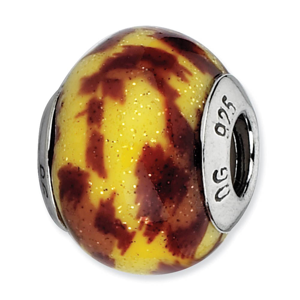 Sterling Silver Yellow & Brown Glitter Overlay Glass Bead Charm, 15mm, Item B10220 by The Black Bow Jewelry Co.