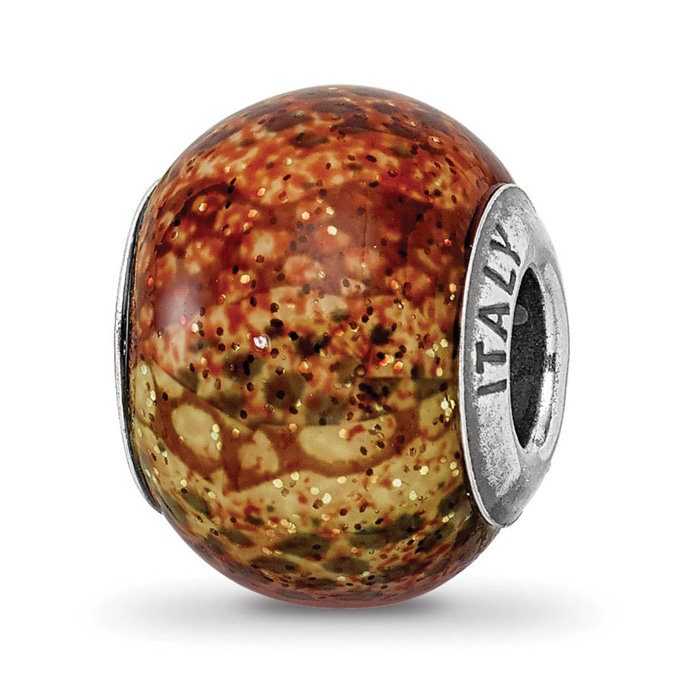 Light Brown Python Glitter Glass & Sterling Silver Bead Charm, 15mm, Item B10224 by The Black Bow Jewelry Co.