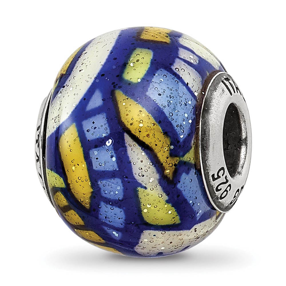 Multicolor w/ Glitter Overlay Glass & Sterling Silver Bead Charm, 15mm, Item B10233 by The Black Bow Jewelry Co.