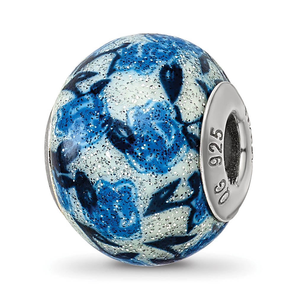 Blue, Rose Glitter Overlay Glass & Sterling Silver Bead Charm, 15mm, Item B10234 by The Black Bow Jewelry Co.