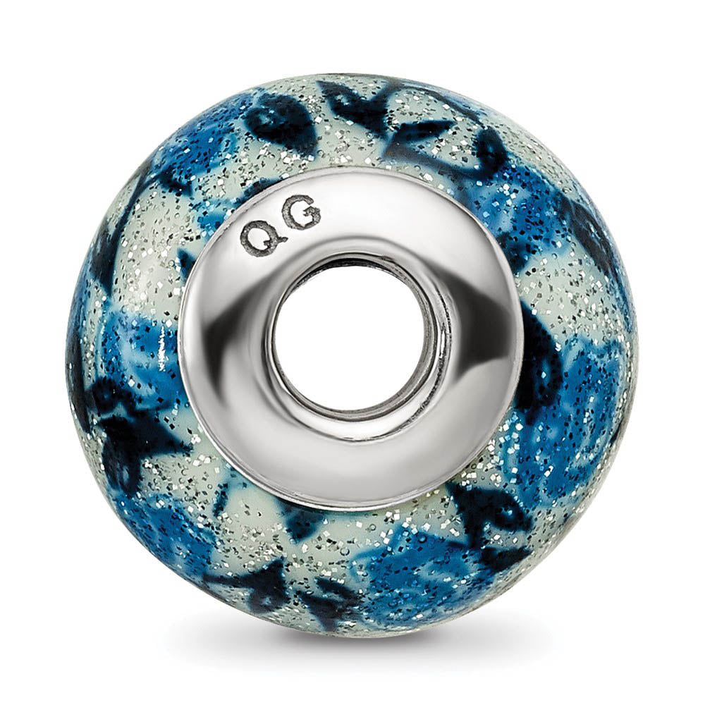 Alternate view of the Blue, Rose Glitter Overlay Glass & Sterling Silver Bead Charm, 15mm by The Black Bow Jewelry Co.