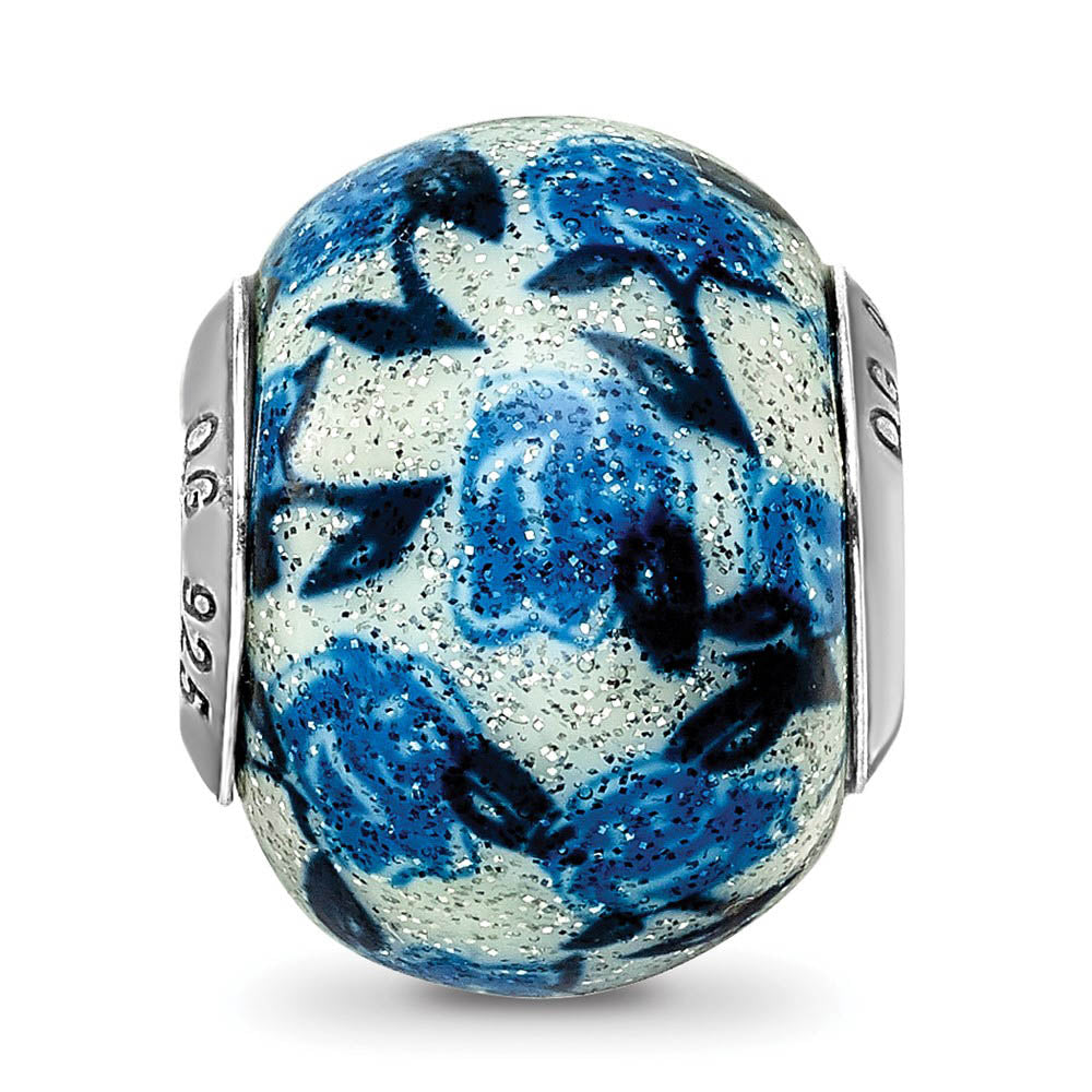 Alternate view of the Blue, Rose Glitter Overlay Glass & Sterling Silver Bead Charm, 15mm by The Black Bow Jewelry Co.