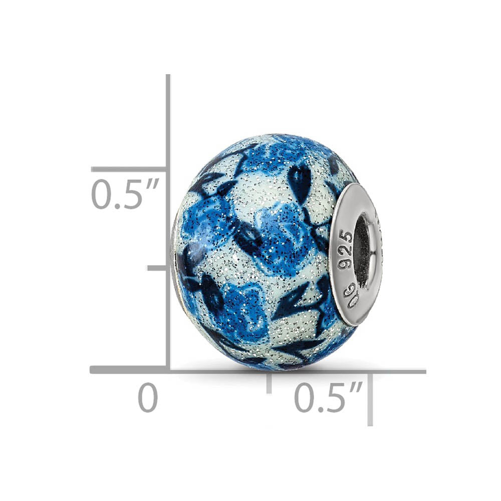 Alternate view of the Blue, Rose Glitter Overlay Glass & Sterling Silver Bead Charm, 15mm by The Black Bow Jewelry Co.