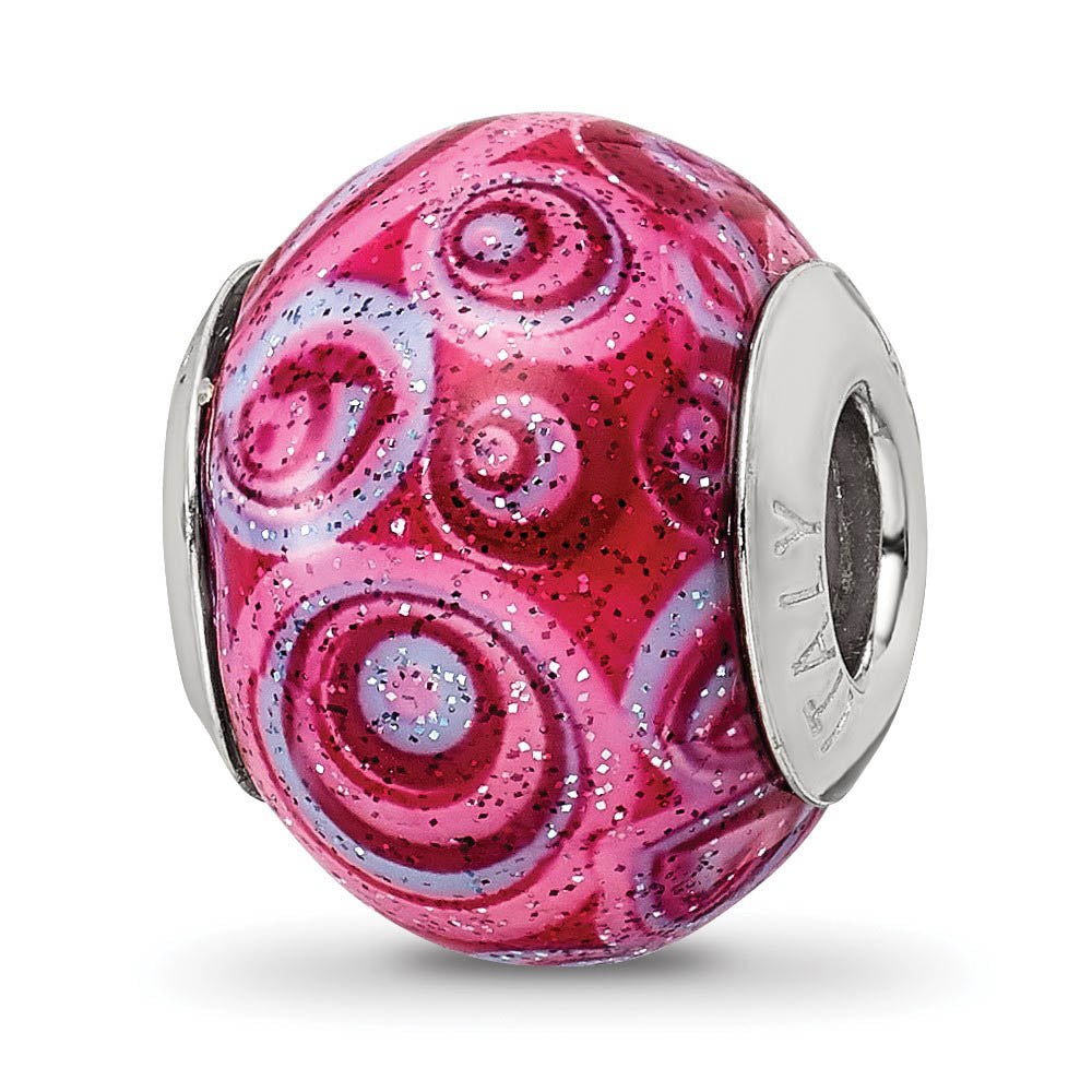 Pink, Purple Swirls Overlay Glass & Sterling Silver Bead Charm, 15mm, Item B10235 by The Black Bow Jewelry Co.