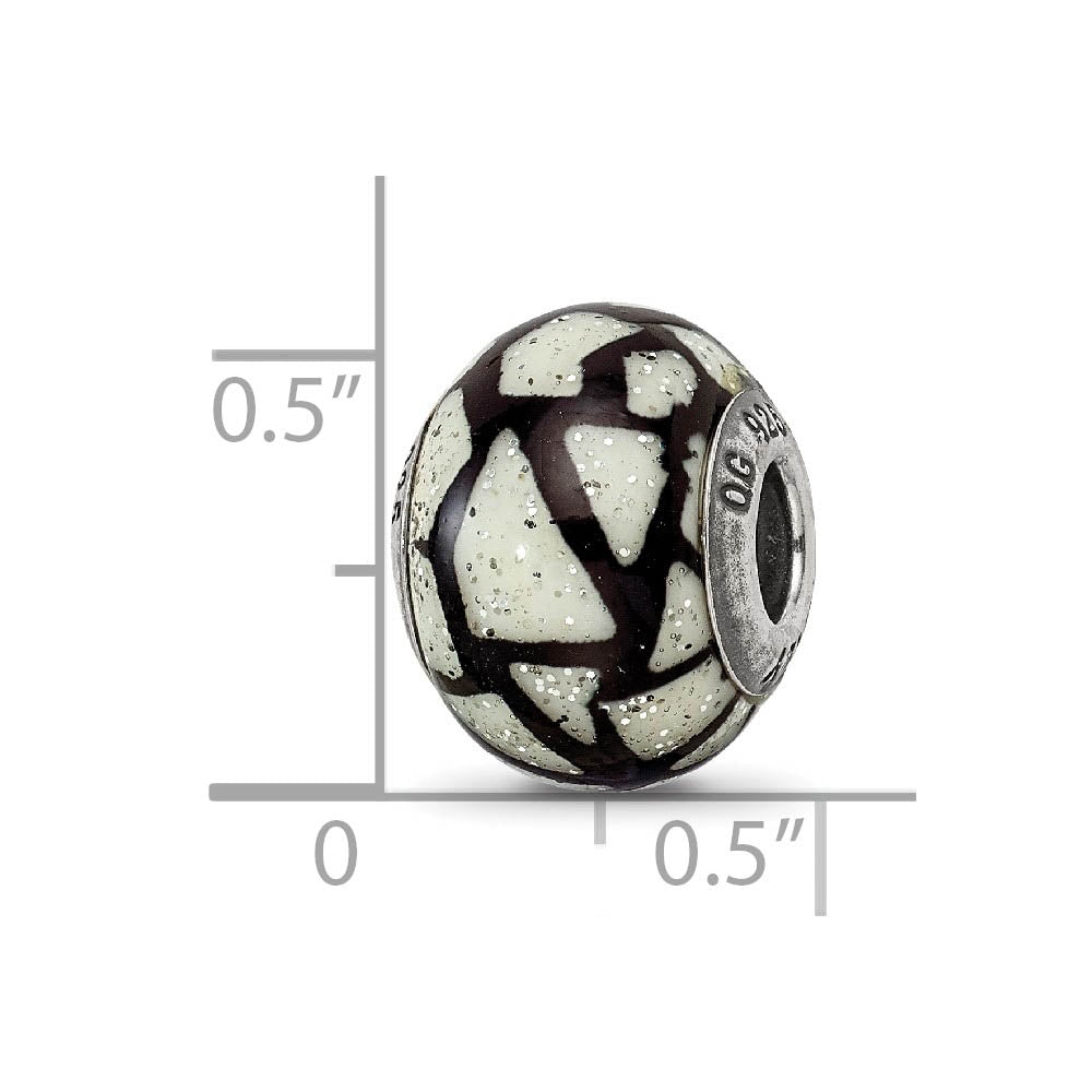 Alternate view of the White, Black, Glitter Overlay Glass & Sterling Silver Bead Charm, 15mm by The Black Bow Jewelry Co.