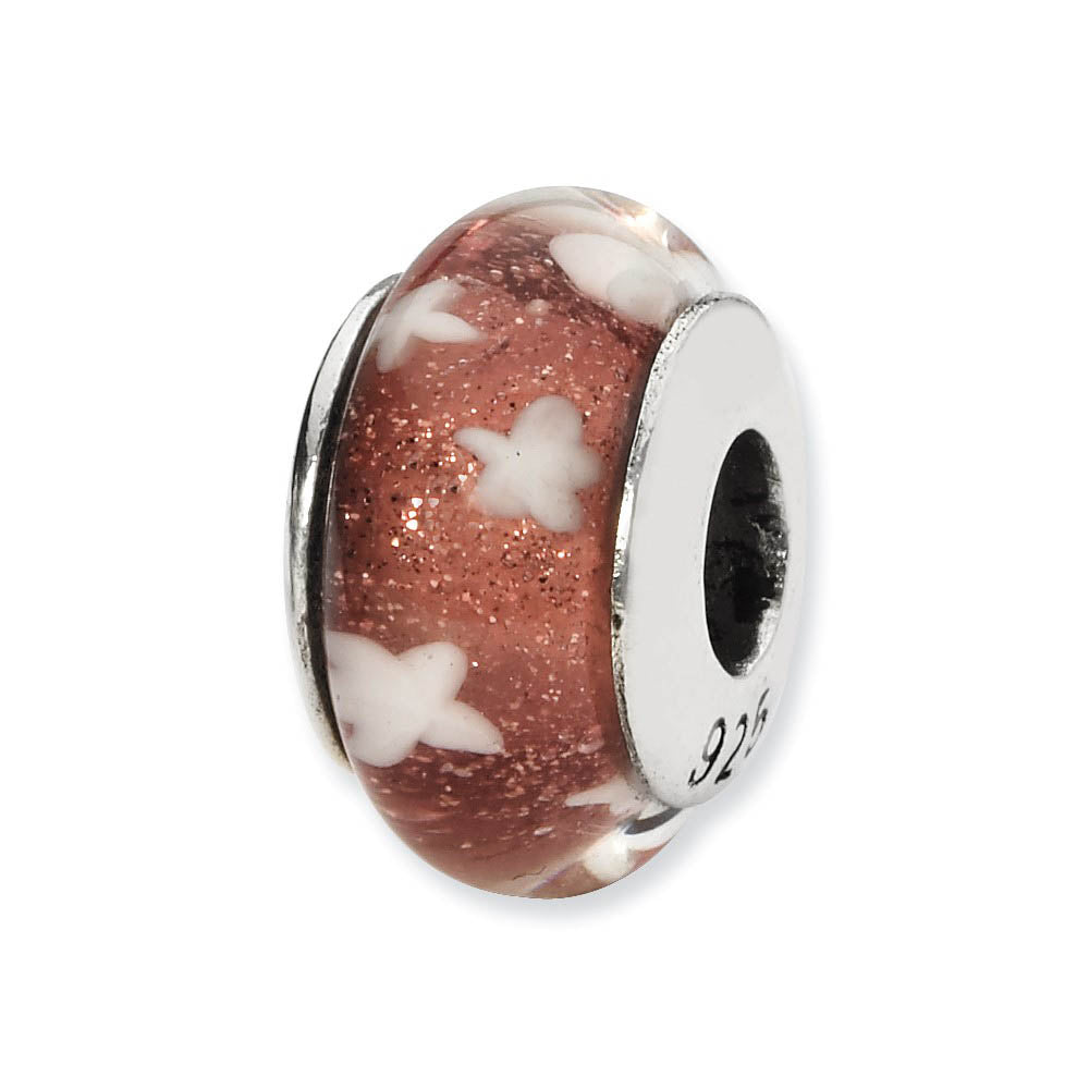 Red, White Stars Hand-Blown Glass & Sterling Silver Bead Charm, 13mm, Item B10282 by The Black Bow Jewelry Co.