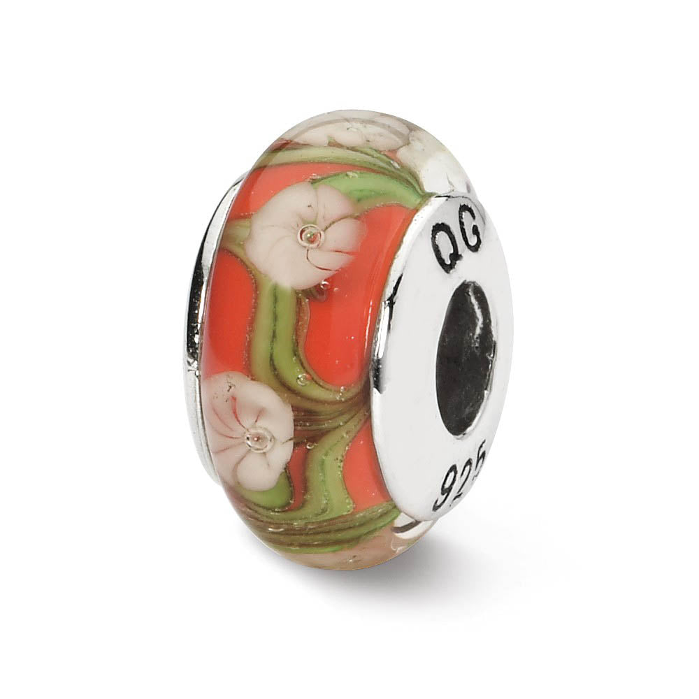 Red, White Floral Hand-Blown Glass & Sterling Silver Bead Charm, 13mm, Item B10288 by The Black Bow Jewelry Co.