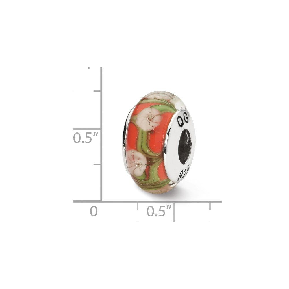 Alternate view of the Red, White Floral Hand-Blown Glass &amp; Sterling Silver Bead Charm, 13mm by The Black Bow Jewelry Co.
