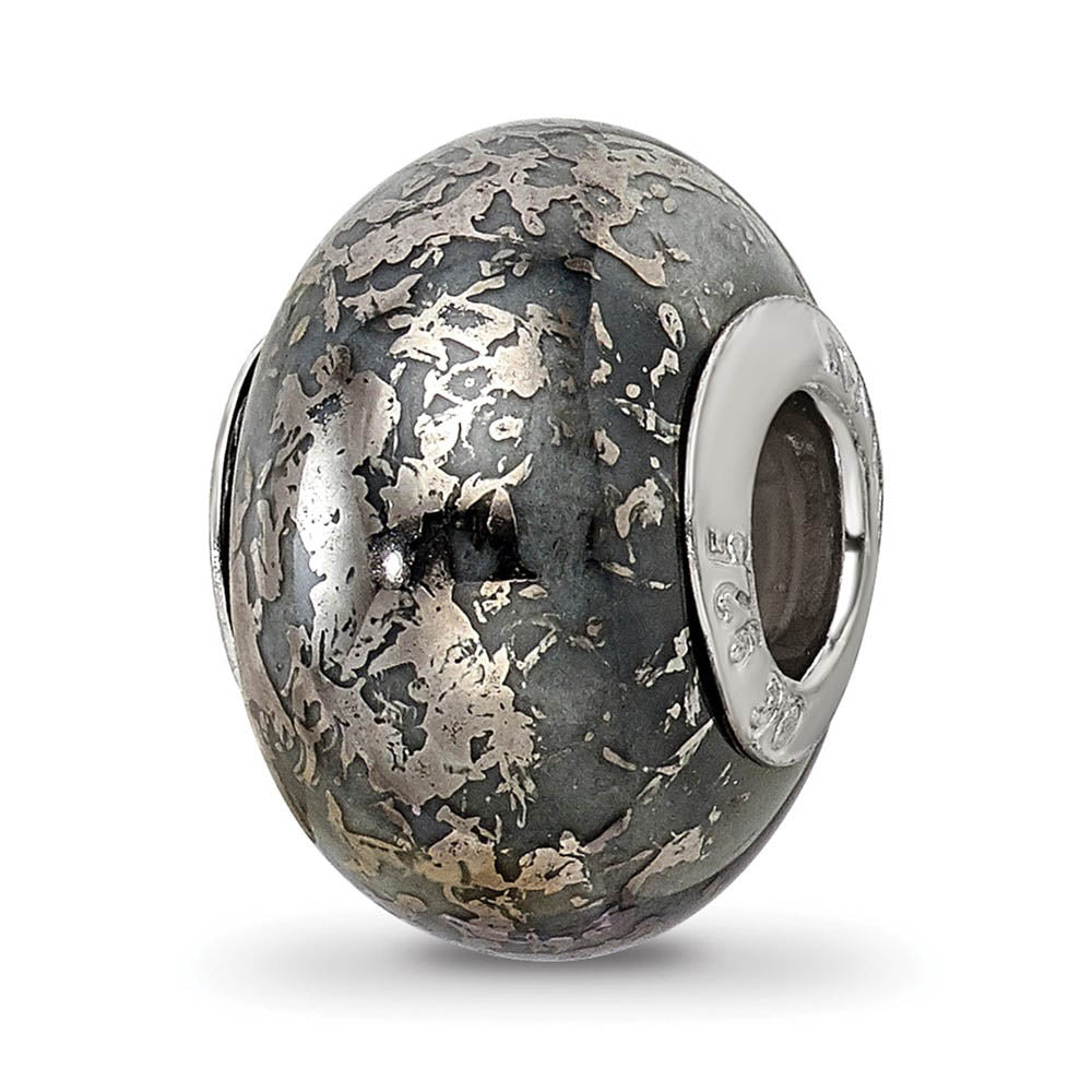 Grey w/Platinum Foil Ceramic & Sterling Silver Bead Charm, 14mm, Item B10337 by The Black Bow Jewelry Co.
