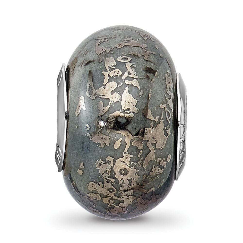 Alternate view of the Grey w/Platinum Foil Ceramic & Sterling Silver Bead Charm, 14mm by The Black Bow Jewelry Co.