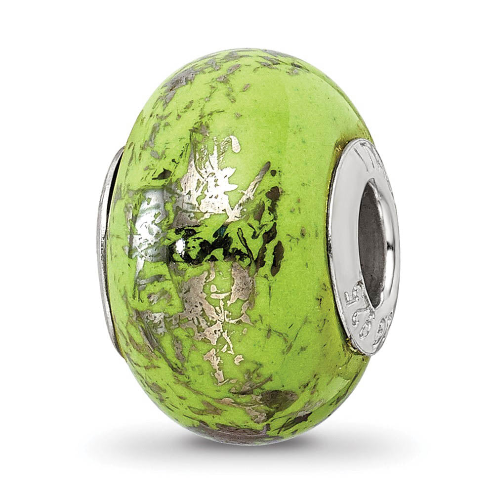 Green w/Platinum Foil Ceramic & Sterling Silver Bead Charm, 14mm, Item B10341 by The Black Bow Jewelry Co.