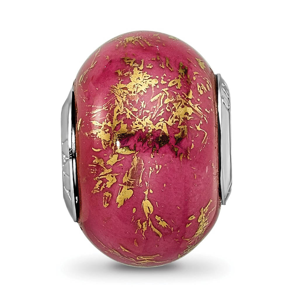 Alternate view of the Dark Pink w/Gold Foil Ceramic & Sterling Silver Bead Charm, 14mm by The Black Bow Jewelry Co.