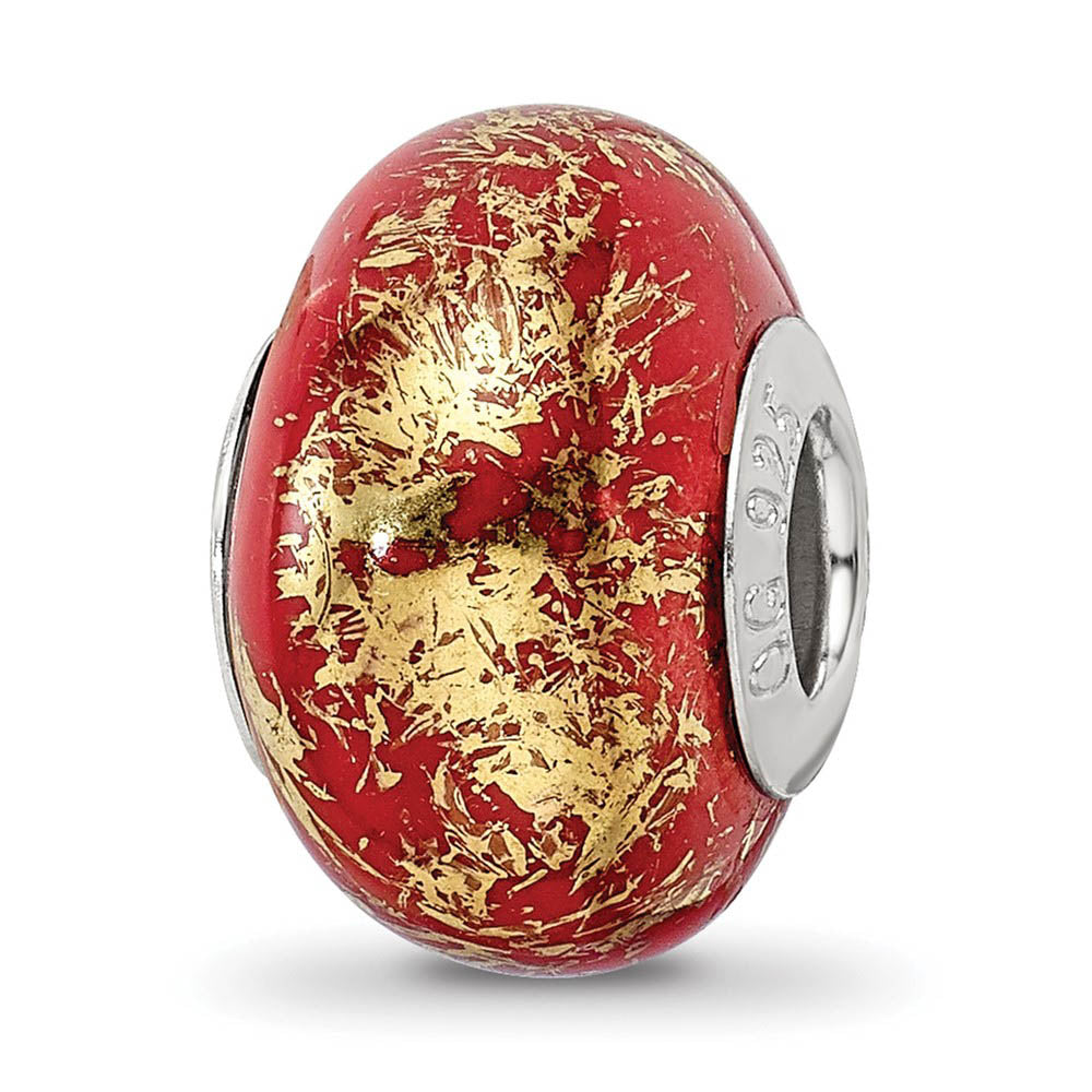 Red w/Gold Foil Ceramic & Sterling Silver Bead Charm, 14mm, Item B10347 by The Black Bow Jewelry Co.