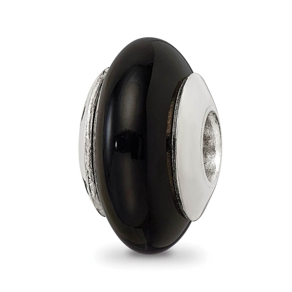 Black Agate Stone & Sterling Silver Bead Charm, 14mm, Item B10366 by The Black Bow Jewelry Co.