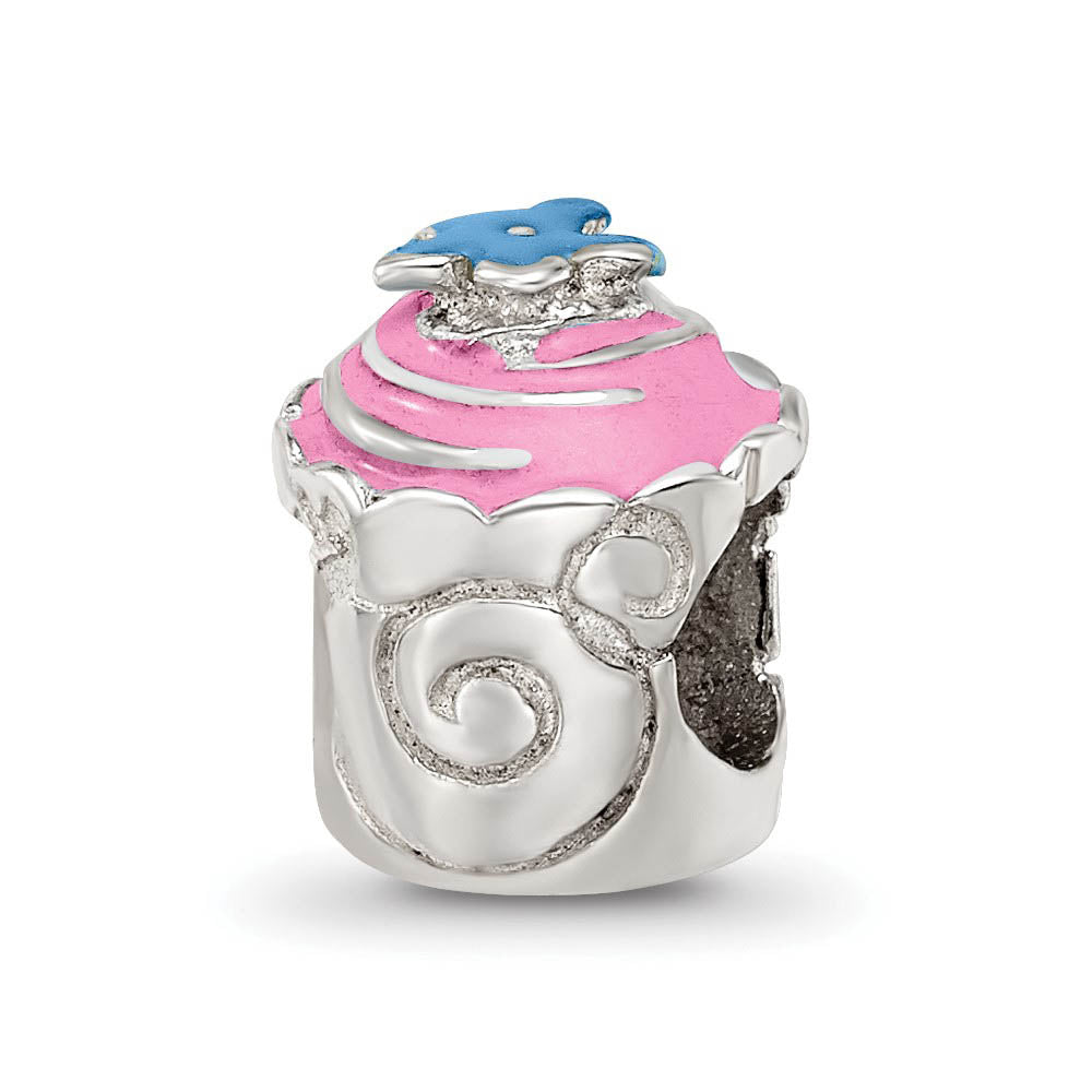 Sterling Silver Pink Enameled Cupcake Bead Charm, Item B10521 by The Black Bow Jewelry Co.