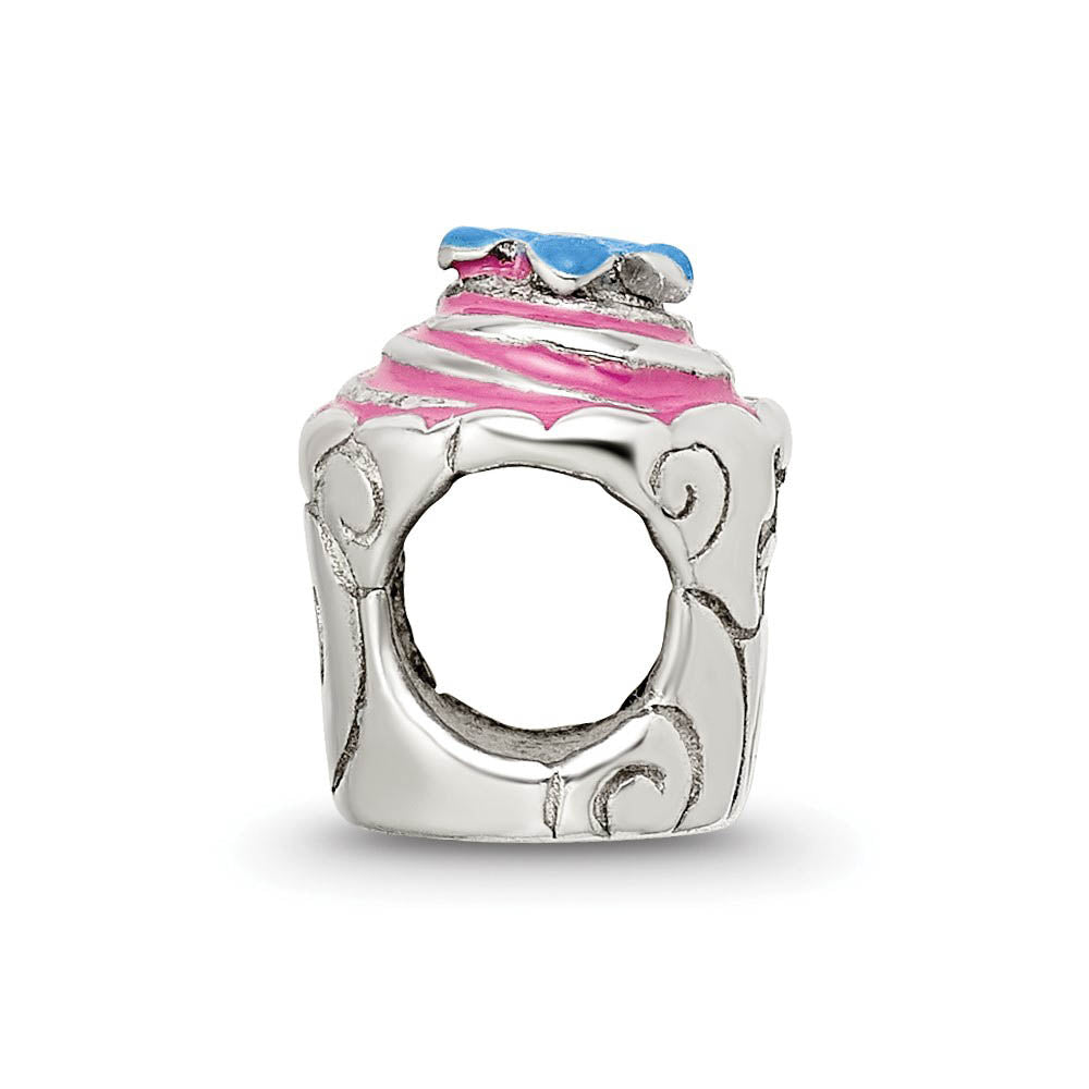 Alternate view of the Sterling Silver Pink Enameled Cupcake Bead Charm by The Black Bow Jewelry Co.