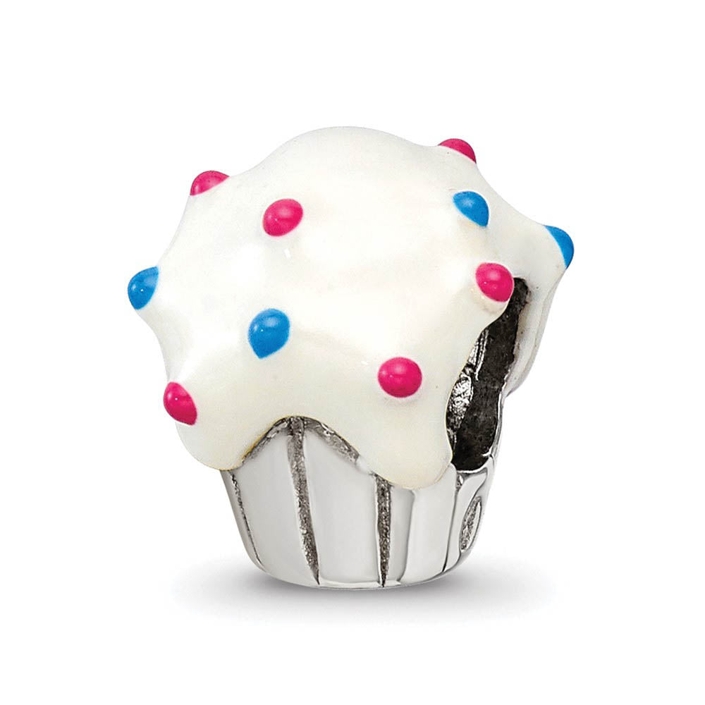 Sterling Silver White Enameled Cupcake Bead Charm, Item B10524 by The Black Bow Jewelry Co.