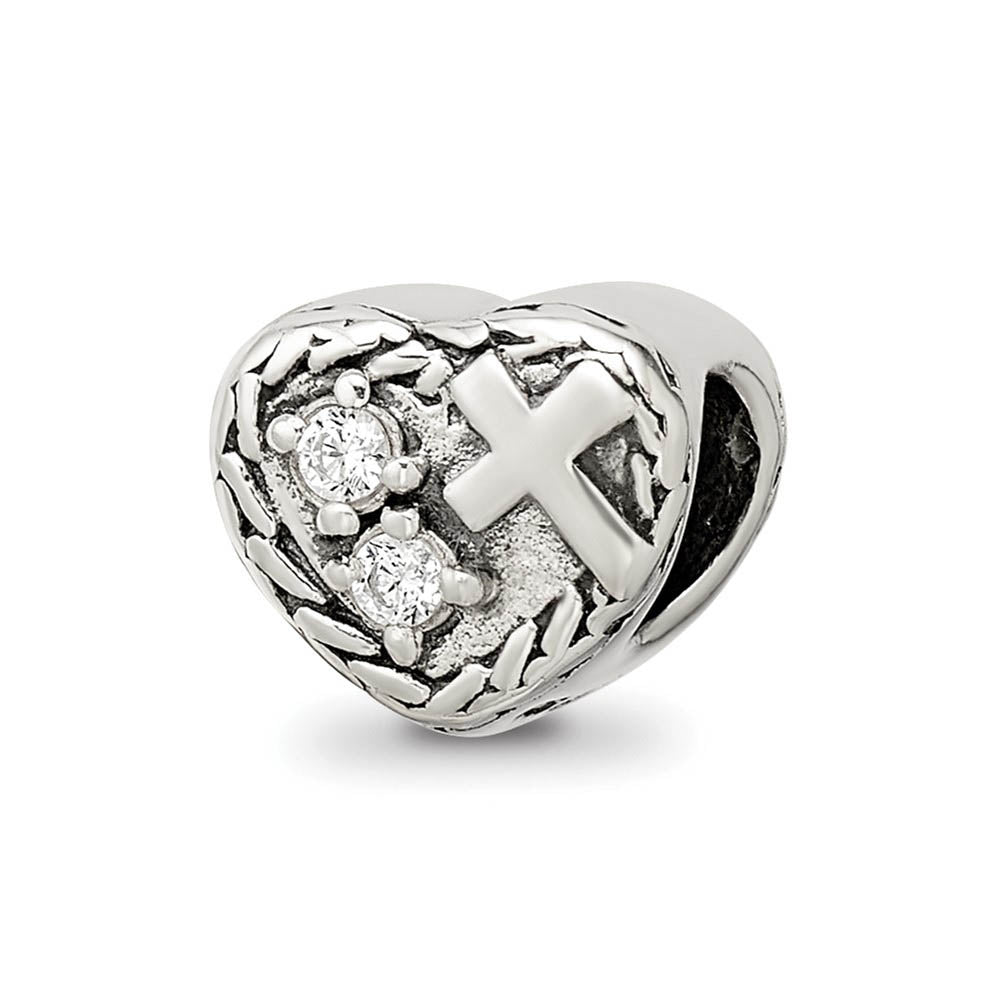 Alternate view of the Sterling Silver CZ and Cross Heart Bead Charm by The Black Bow Jewelry Co.