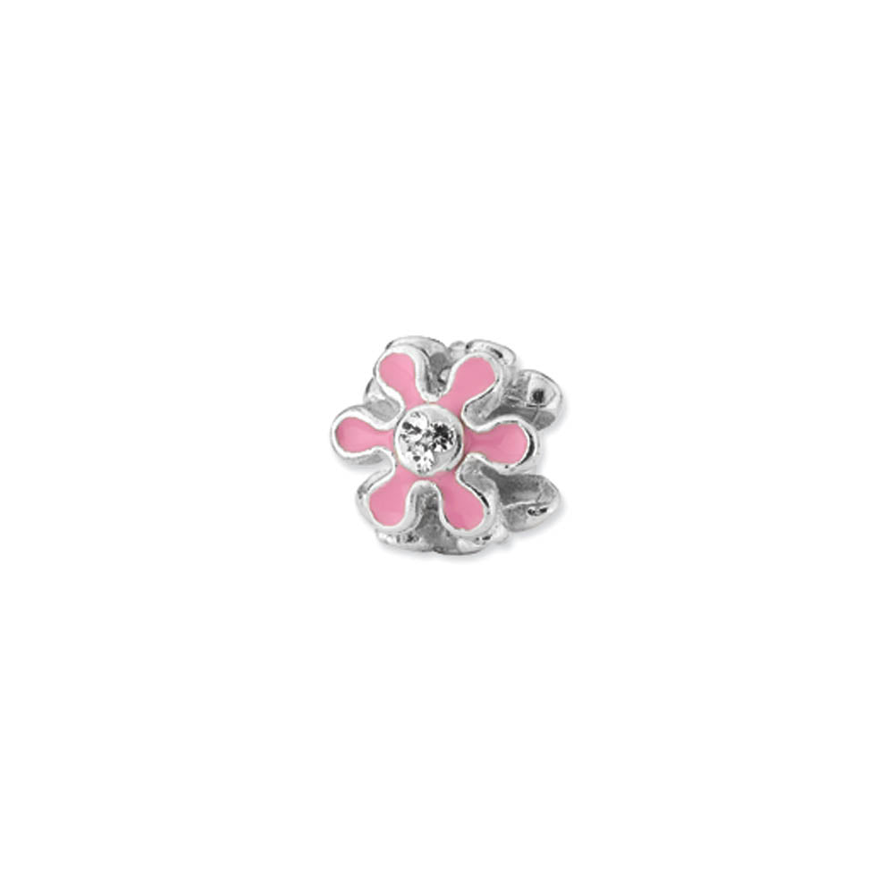 Sterling Silver, Pink Enameled with CZ Flower Bead Charm, Item B10641 by The Black Bow Jewelry Co.