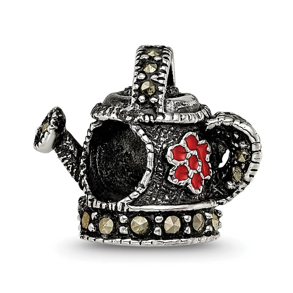Sterling Silver, Enameled, and Marcasite Watering Can Bead Charm, Item B10643 by The Black Bow Jewelry Co.
