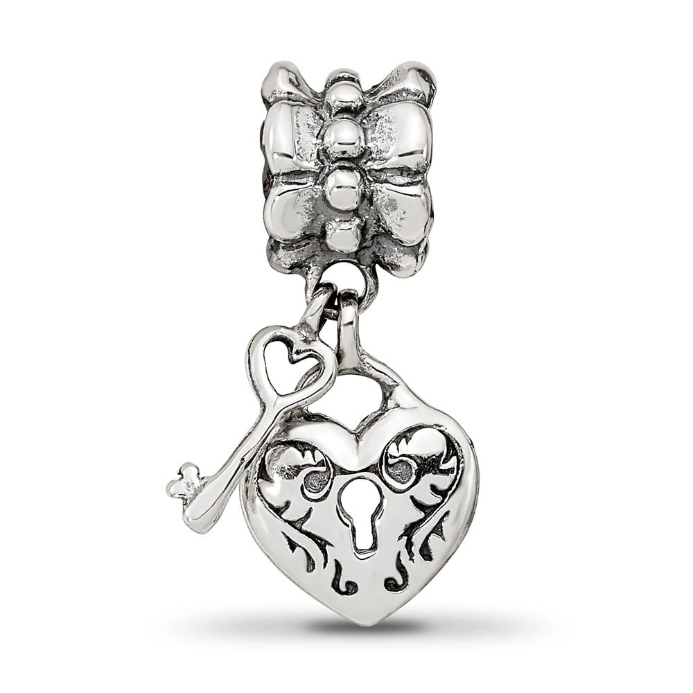 Alternate view of the Sterling Silver Heart and Key Dangle Bead Charm by The Black Bow Jewelry Co.