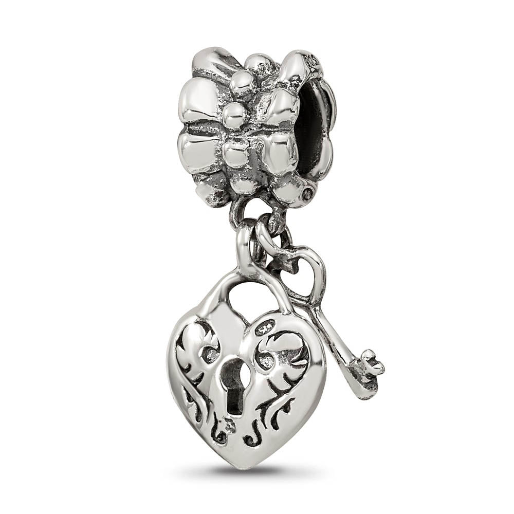 Alternate view of the Sterling Silver Heart and Key Dangle Bead Charm by The Black Bow Jewelry Co.