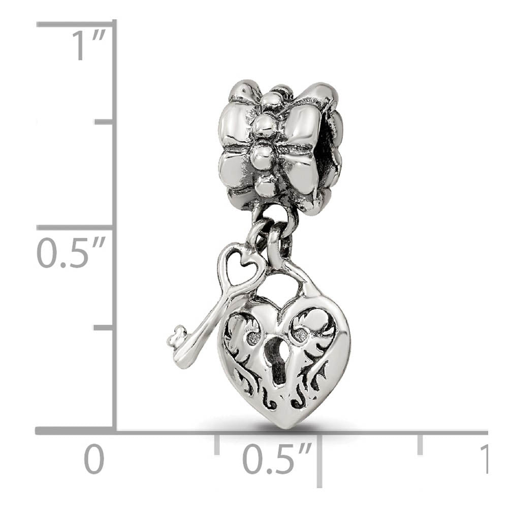 Alternate view of the Sterling Silver Heart and Key Dangle Bead Charm by The Black Bow Jewelry Co.