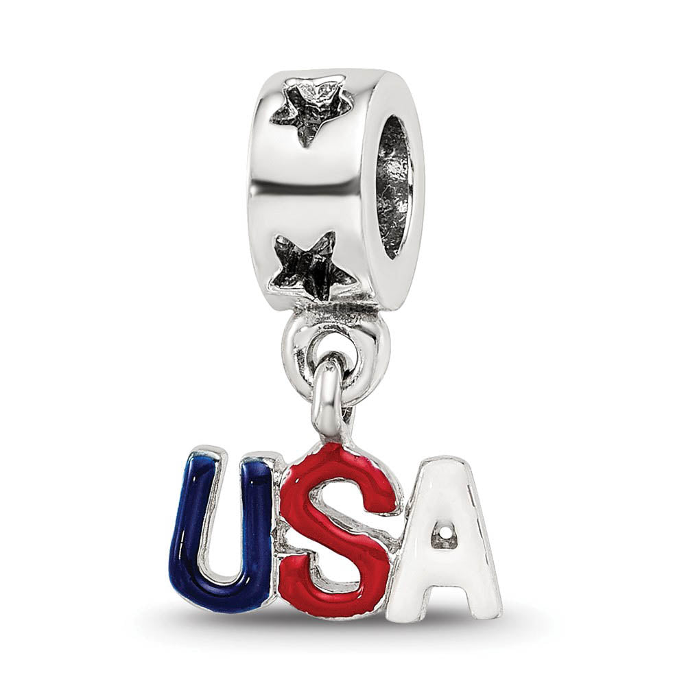 Sterling Silver Enameled USA Dangle Bead Charm, Item B10666 by The Black Bow Jewelry Co.