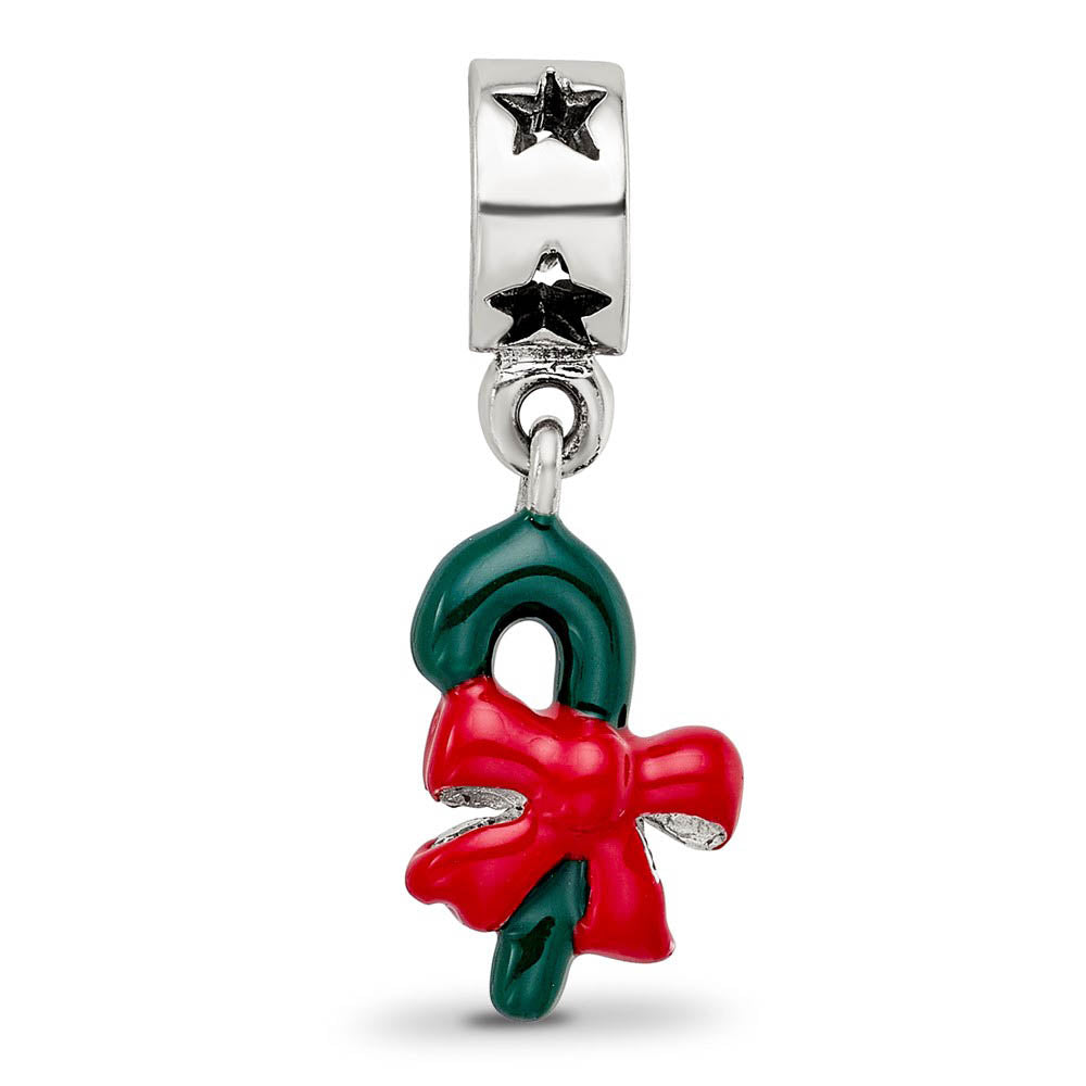 Alternate view of the Sterling Silver Green Enameled Candy Cane Dangle Bead Charm by The Black Bow Jewelry Co.