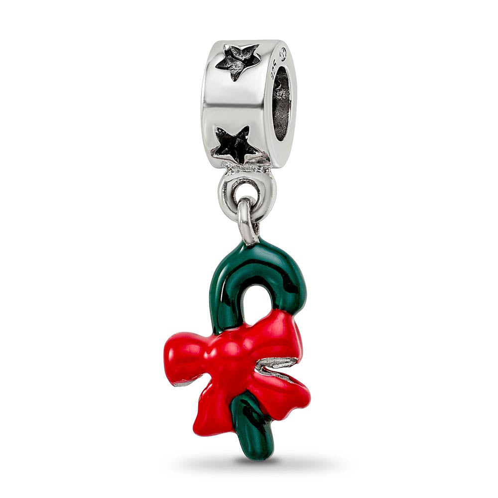 Alternate view of the Sterling Silver Green Enameled Candy Cane Dangle Bead Charm by The Black Bow Jewelry Co.