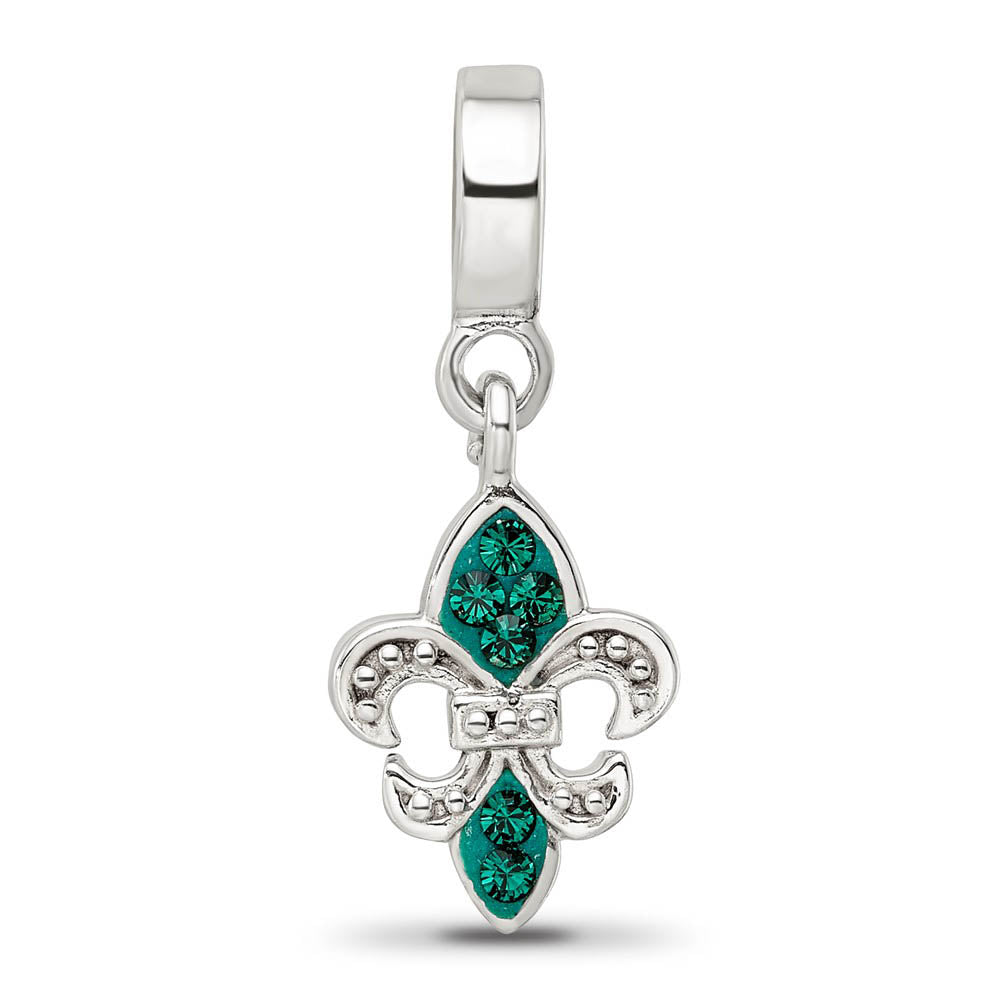 Alternate view of the Sterling Silver Green Crystal Fleur De Lis Dangle Bead Charm by The Black Bow Jewelry Co.